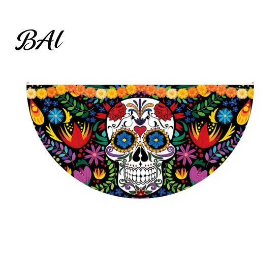 Sugar Skull Fan Flag Day of The Dead Bunting Banner, Marigold Print Fiesta Mexican Festival Home Ornament Hanging Flag, Colorful Outdoor Yard