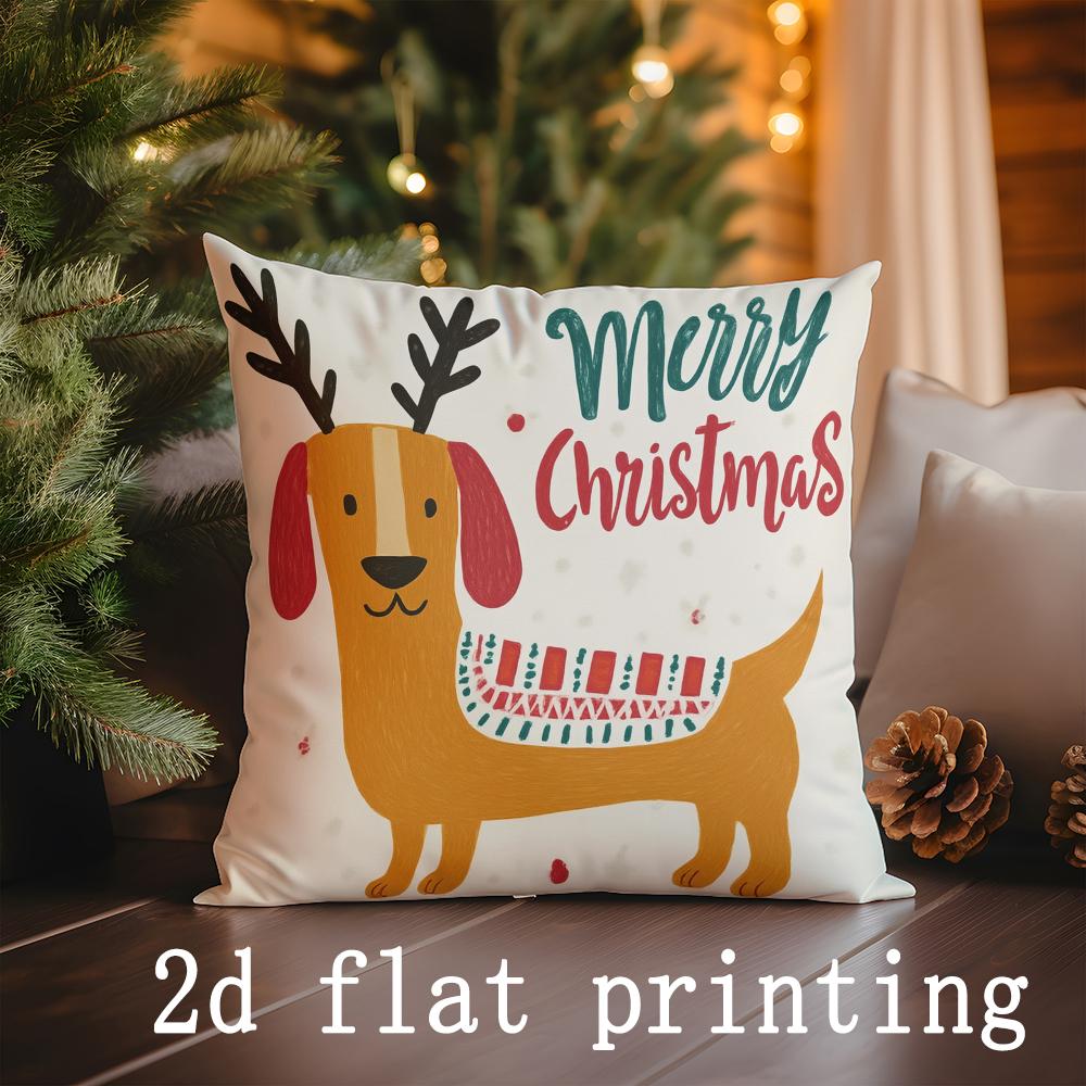 Short Plush Material Pillowcasehome Decor Merry Christmas Dachshund Pillow Covers Pattern Cushion Cover Suitable For Sofa Bedroo