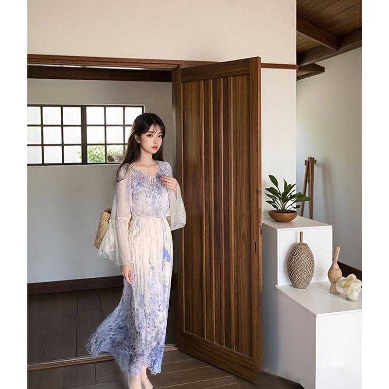 Spring Arrival Elegant French Ditsy Floral Long-Sleeved Slimming Dress Small