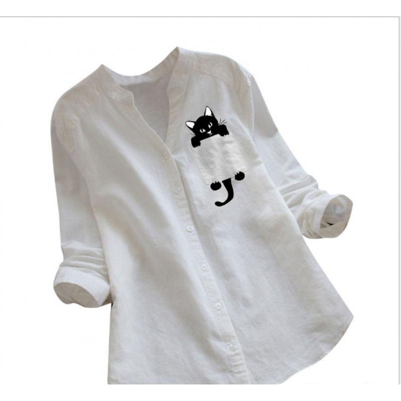 Women S Long Sleeve Cat Print Loose Casual Plus Size Shirt S белый