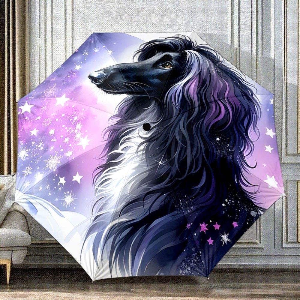 

Automatic Folding Umbrella with Scottish Terrier Dog Design - Purple Starry Night & Poodle-Like Hair Pattern, 8-Rib Compact Co Iron&8K