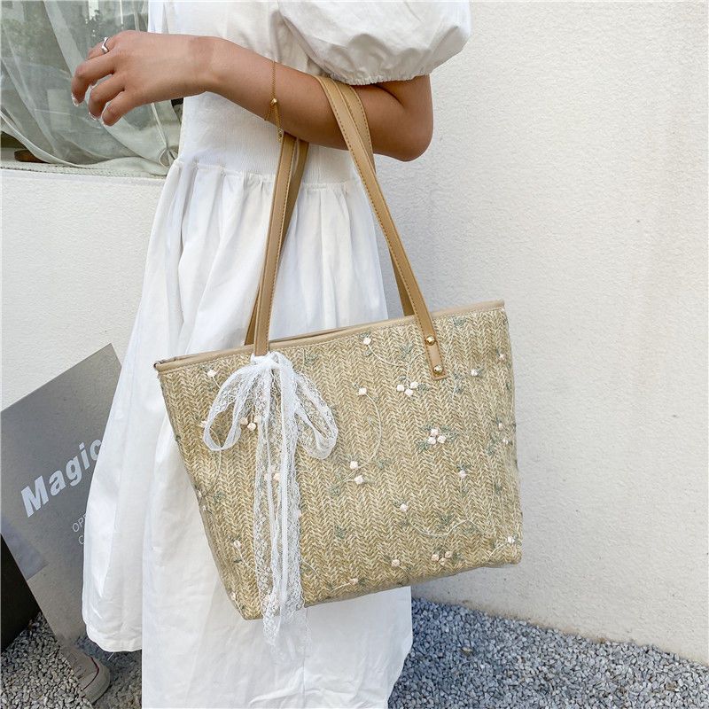 Straw Woven Shoulder Tote Bag Bow Tie Women's Bag New Woven Handbag