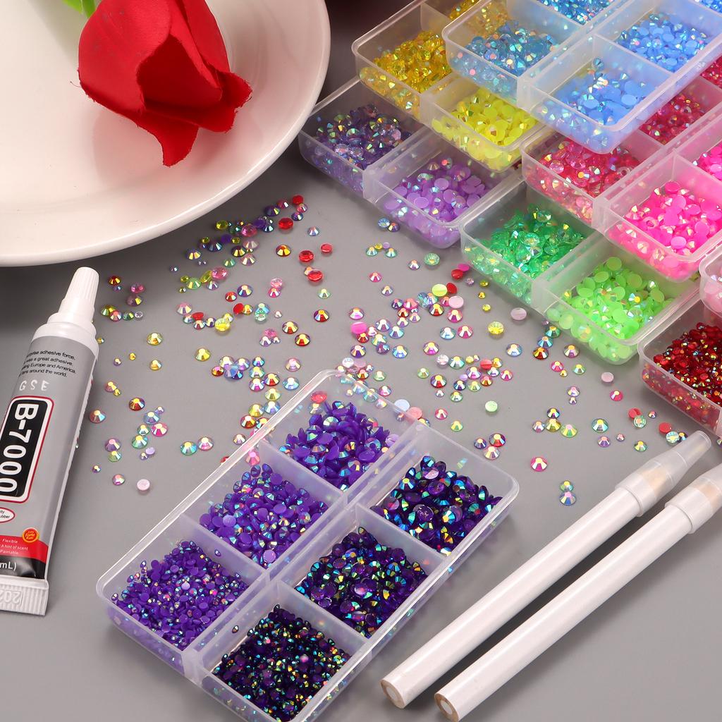 2/3/4mm Mix Size Sparkling Resin Imitate Diamond 2700pcs Smooth Back Adhesive Rhinestones Nail Art Fabrics with Diamond Pen Glue