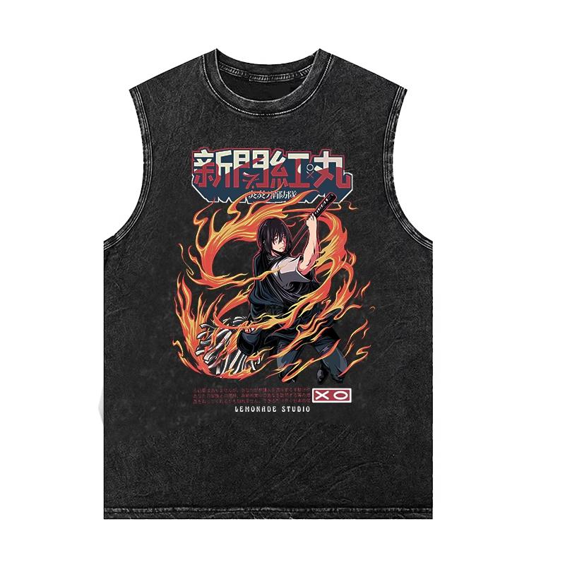 Anime Printed Washed Vest Vintage Sports Fitness Men's Short-Sleeved T Shirt Loose Oversized Tank Top Gym Clothing Summer