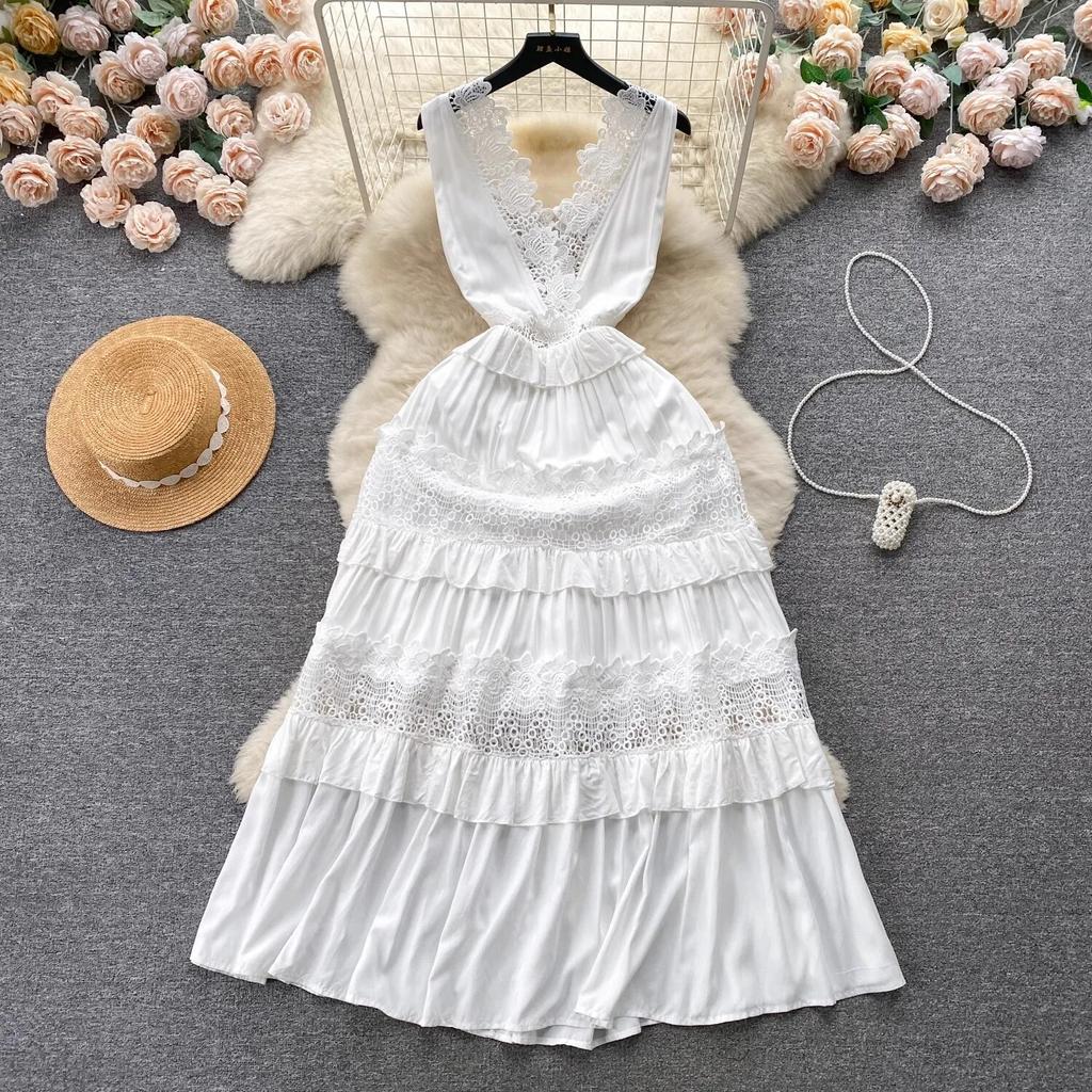 Summer Holiday Flower Embroidery Patchwork White Tank Long Maxi Dress Women's Sleeveless V Neck Lace Trims Hollow Out Beach Robe