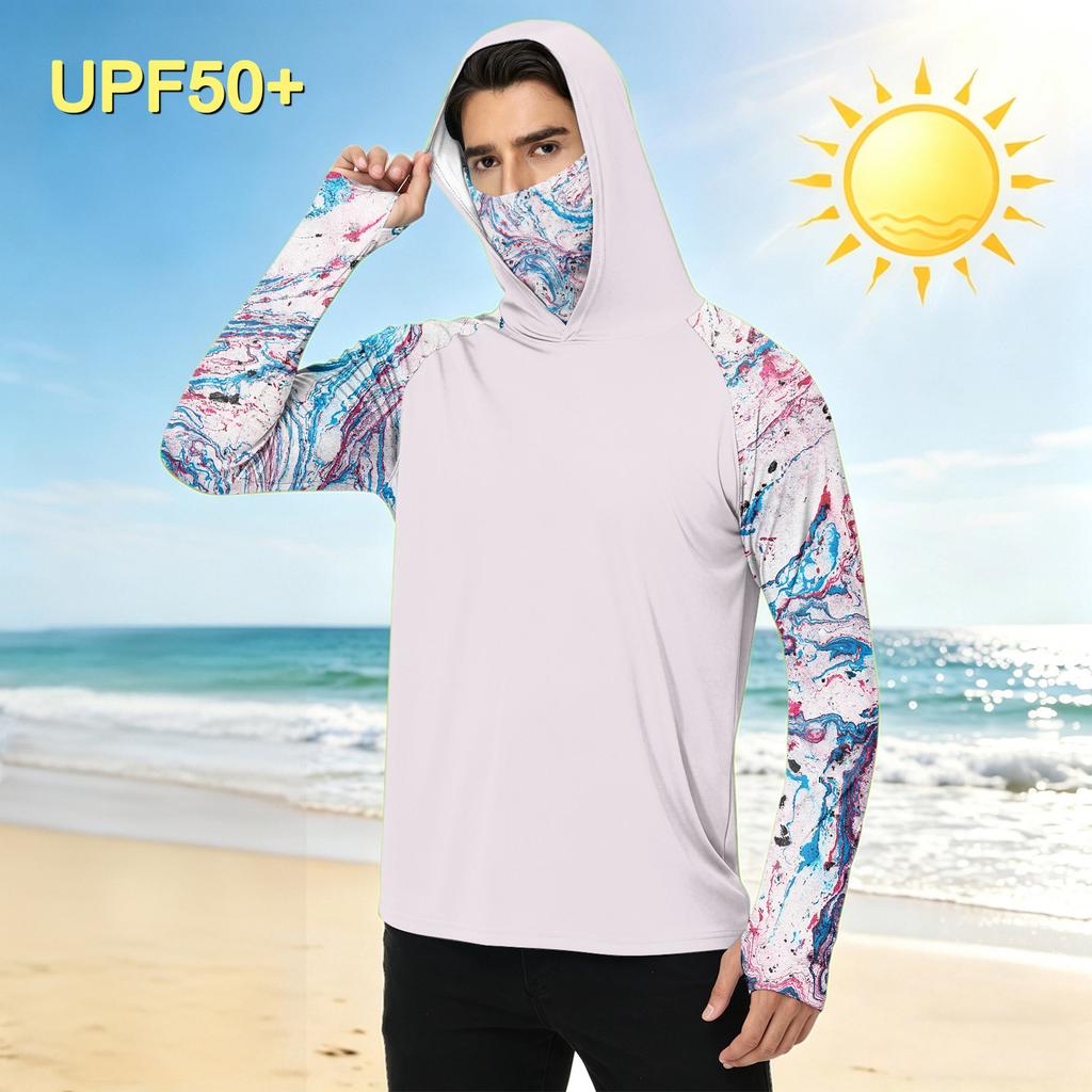 Men's Casual Outdoor Hooded Long Sleeve Sun Protection Shirt Tie Dye Print Lightweight Breathable Quick Dry Fabric