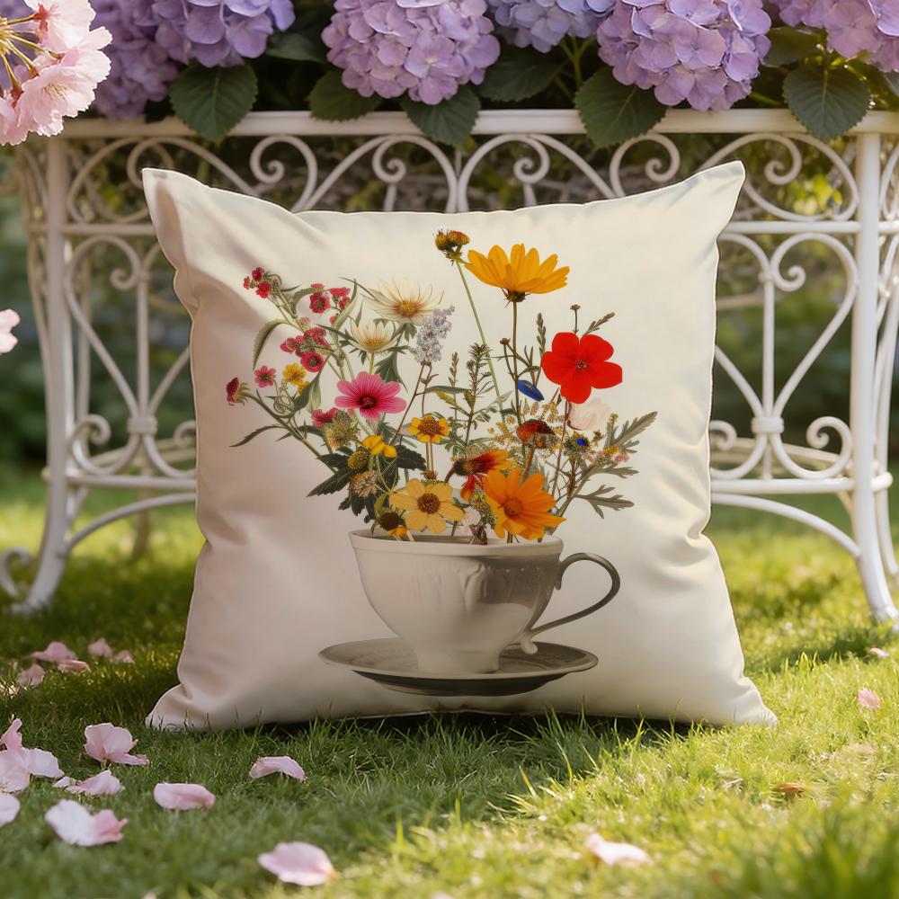 Painting Cup of Flowers Cushion Cover Home & Car Dual-Scene Pillow Cover: Reversible for Premium Comfort