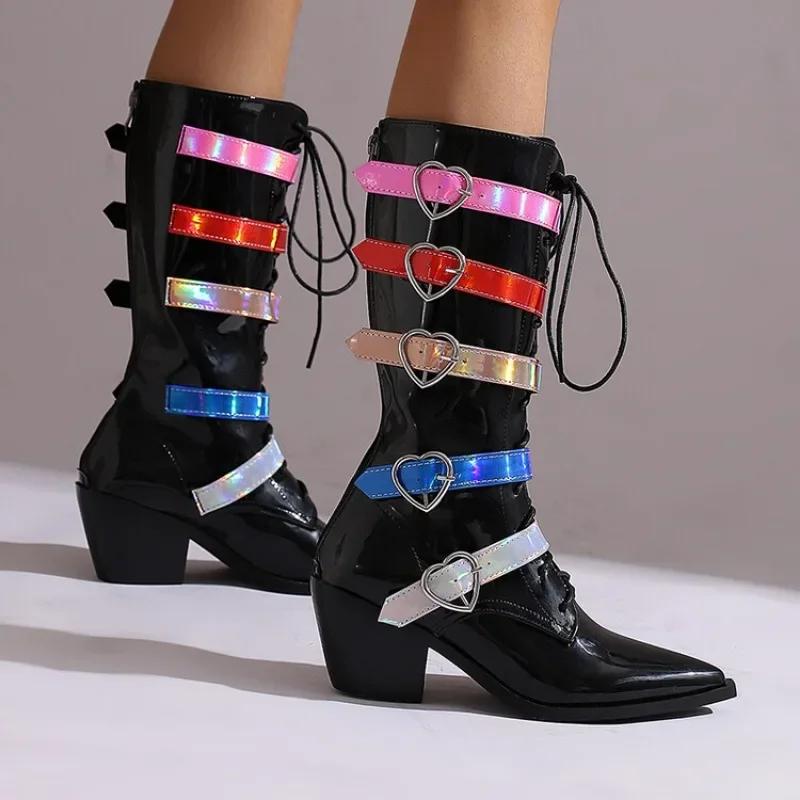 Fashion New Belt Buckle Cross Strap 6.5cm Thick Sole Long Boots Autumn Winter Fashion Short Plush Warm Women Knee High Boots Size 35-46