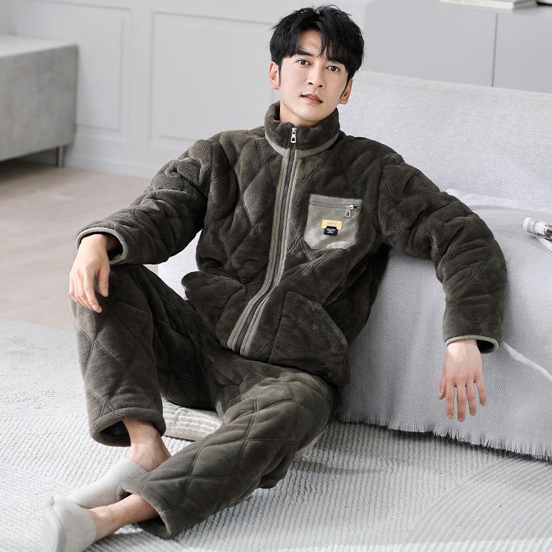 Winter Coral Fleece Pajamas Men'S Three-Layer Padded Cotton Thickened Warm Zipper Flannel Loungewear Padded Jacket Fleece Set