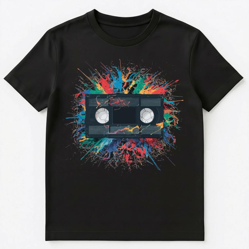 Colorful Paint Splash Retro Video Tape Art Graphic Unisex T-shirt Tops Tees Unisex