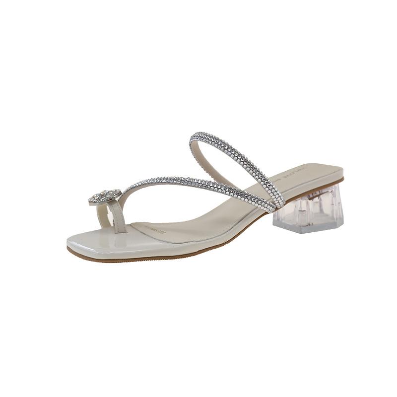 

2025 summer fairy wind transparent crystal thick heel sexy outside wearing cool slippers women s headgear toe rhinestone one-word drag 35