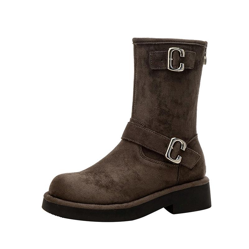 

Grape mother, the same 2025 autumn and winter new super soft waxy retro locomotive buckle with round head thick bottom heightening medium boots women 40