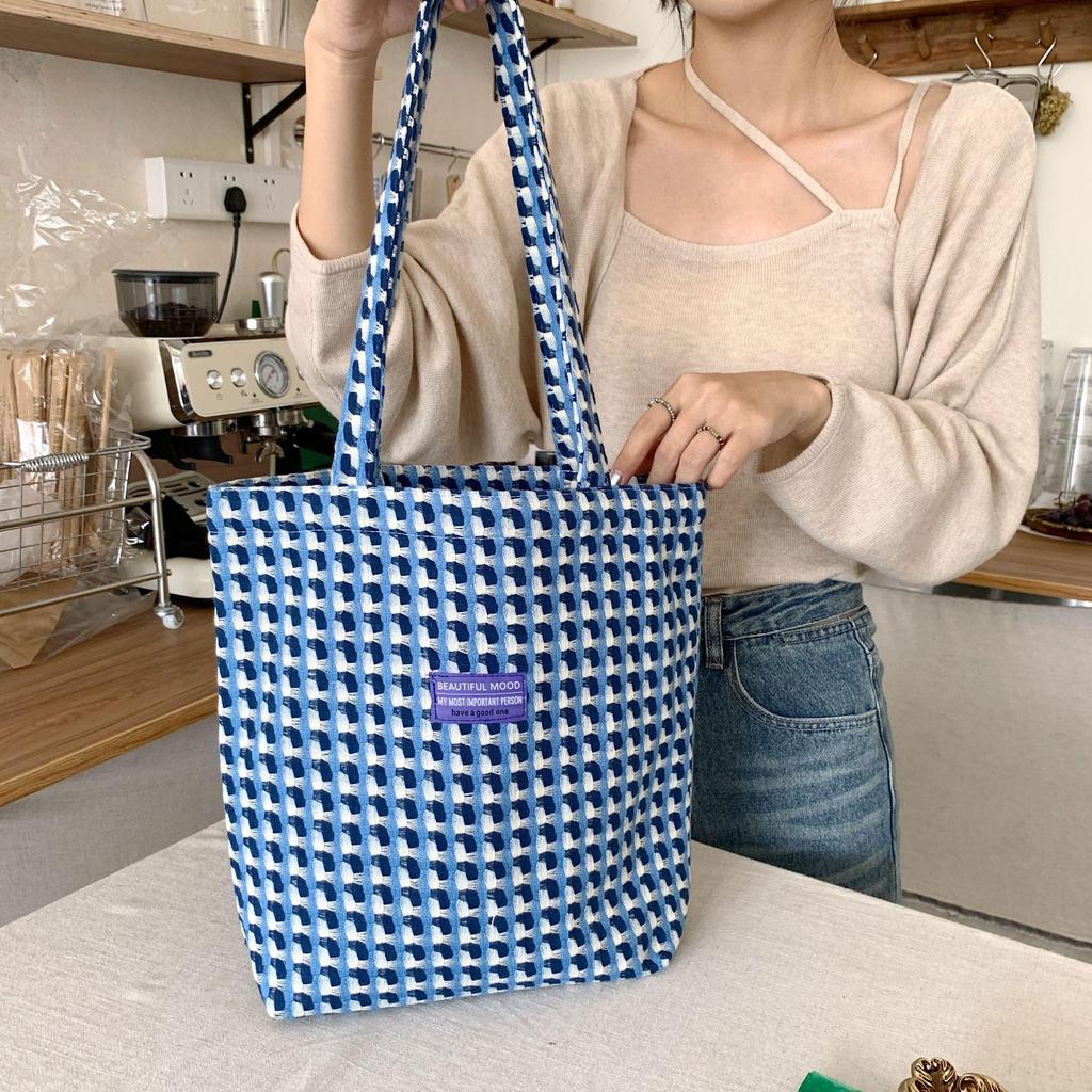 Women Woolen Vintage Plaid Shoulder Bag Versatile Canvas Student Large Capacity Handbag