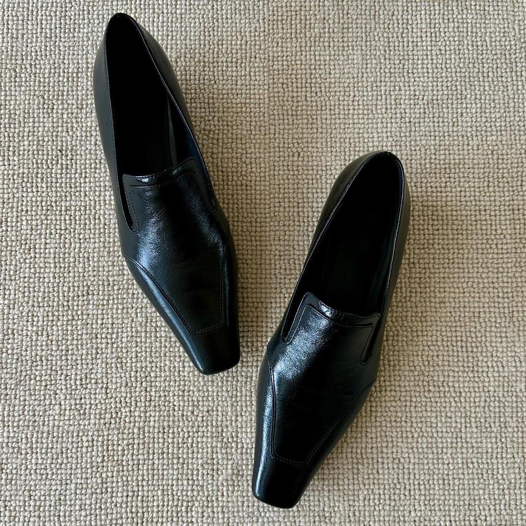 Sheepskin~ British Style Leather Square Head Wedge Heel Loafers Women's French Lazy One-pedal Women's Shoes Retro Small Leather Shoes