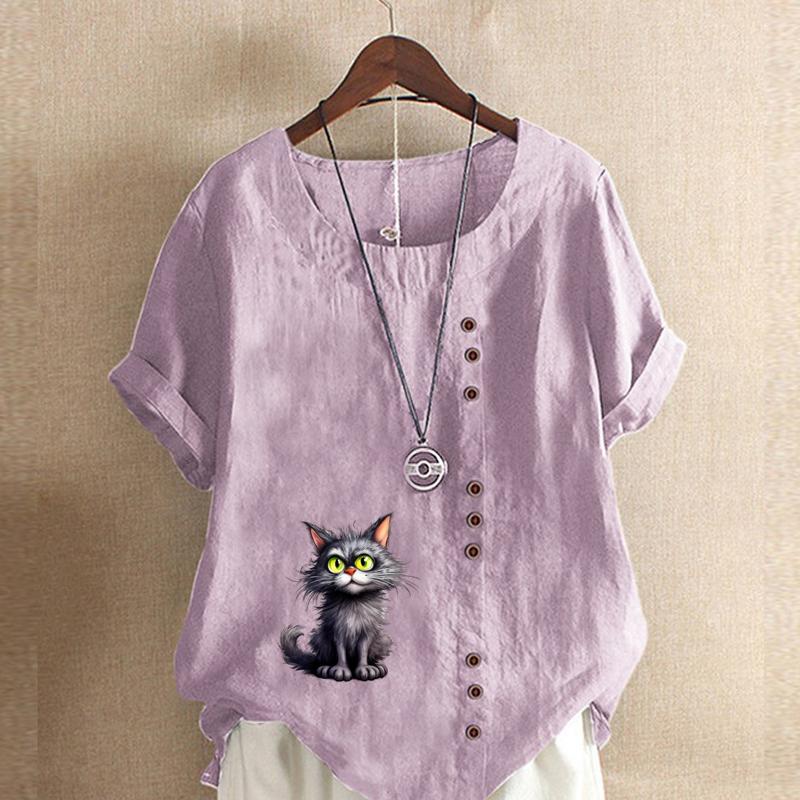 Women's Fashion Cat Prined Short Sleeve T-shirt Loose Cotton Shirt Casual Loose Summer Blouse Tops Plus Size