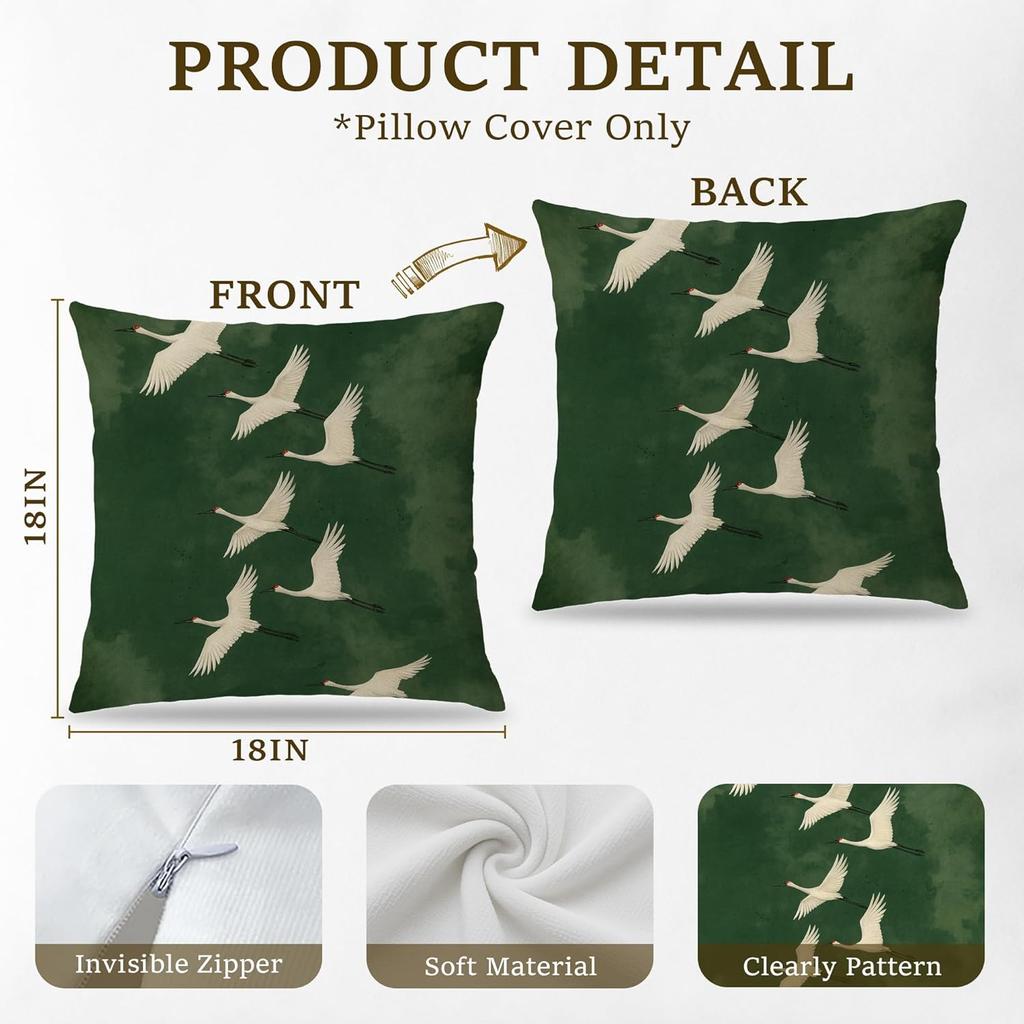 Japanese Emerald Green White Crane Bird Pillow Covers 18x18, Japandi Home Decor, Traditional Oriental Asian Minimalist Birds Pillow Cover Pillowcase
