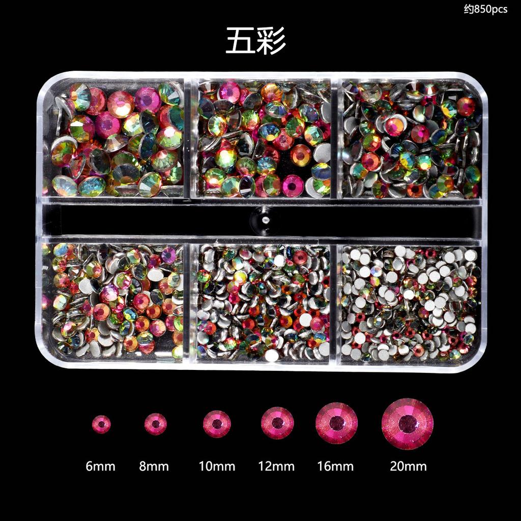 Nail Art Diamond 6 Grid Glass Flat Bottom Round Diamond Crystal Transparent Ab Mixed Color Large And Small Mixed Decoration