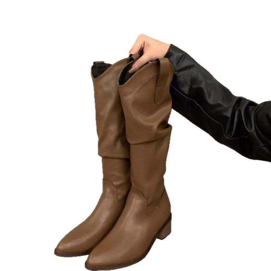 Vintage brown V-mouth stack medium tube boots women's shoes 2025 spring and autumn winter pointed western cowboy boots