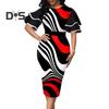 Women O Neck Layer Flared Sleeve Bodycon Dress Irregular Geometric Printing Hip Wrapped Office Lady Work Dress Workwear