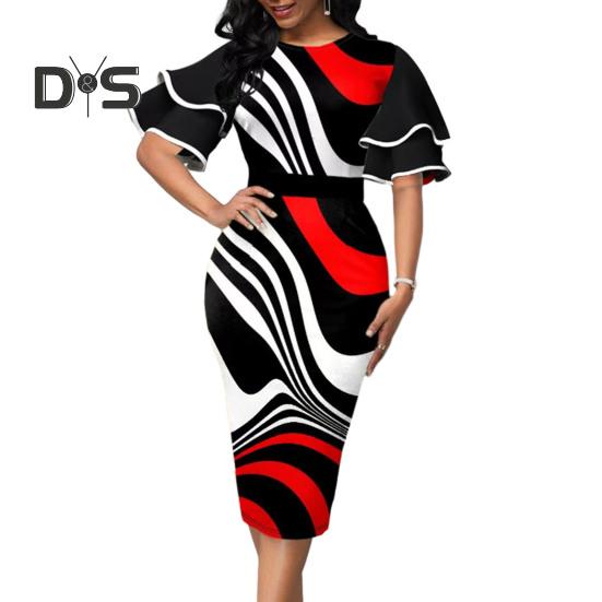 Women O Neck Layer Flared Sleeve Bodycon Dress Irregular Geometric Printing Hip Wrapped Office Lady Work Dress Workwear