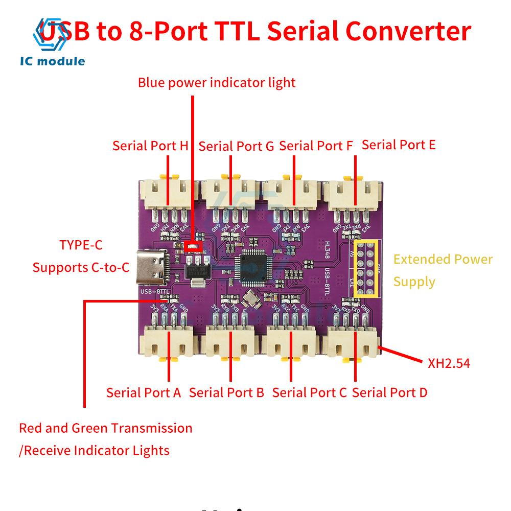 1/2/4/8 Channel USB to TTL Serial Port Module Type-C High Speed CH343/CH342/CH344/CH348 Chip  Communication Conversion Module