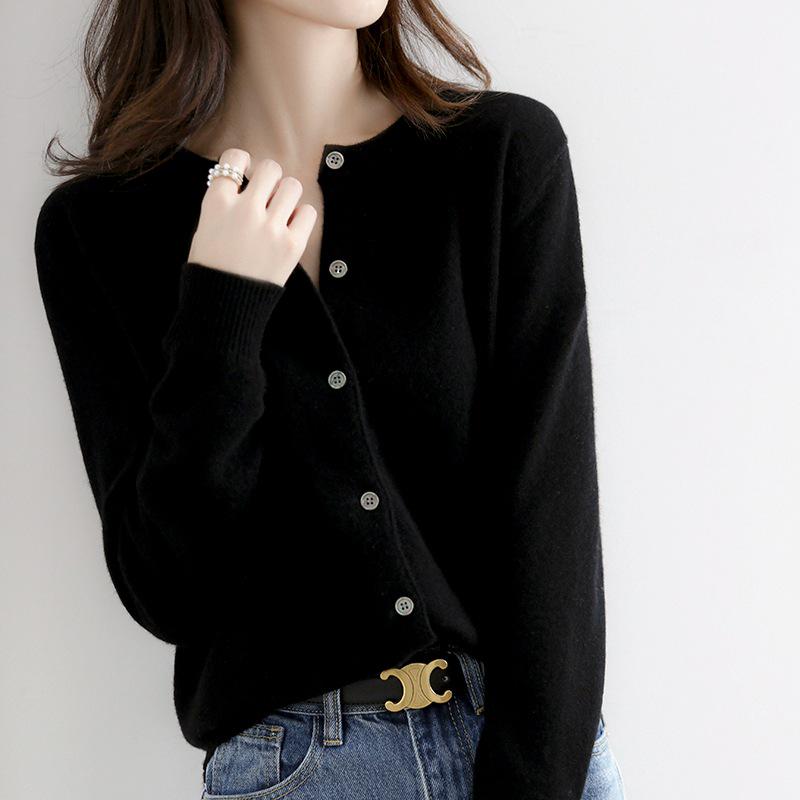 2023 Autumn/Winter Women's Korean-Style Camel Cardigan, Round Neck, Single-Breasted Knit Sweater.