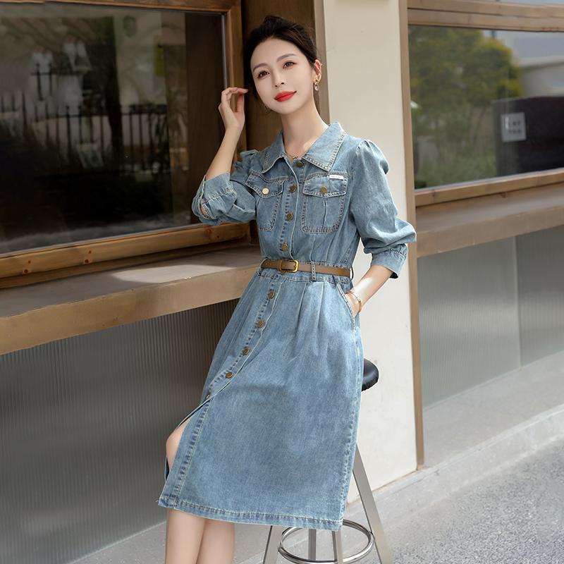 Women Denim Dress Spring Autumn Long Sleeved Blue Jean Dress Ladies Single-Breasted Dresses