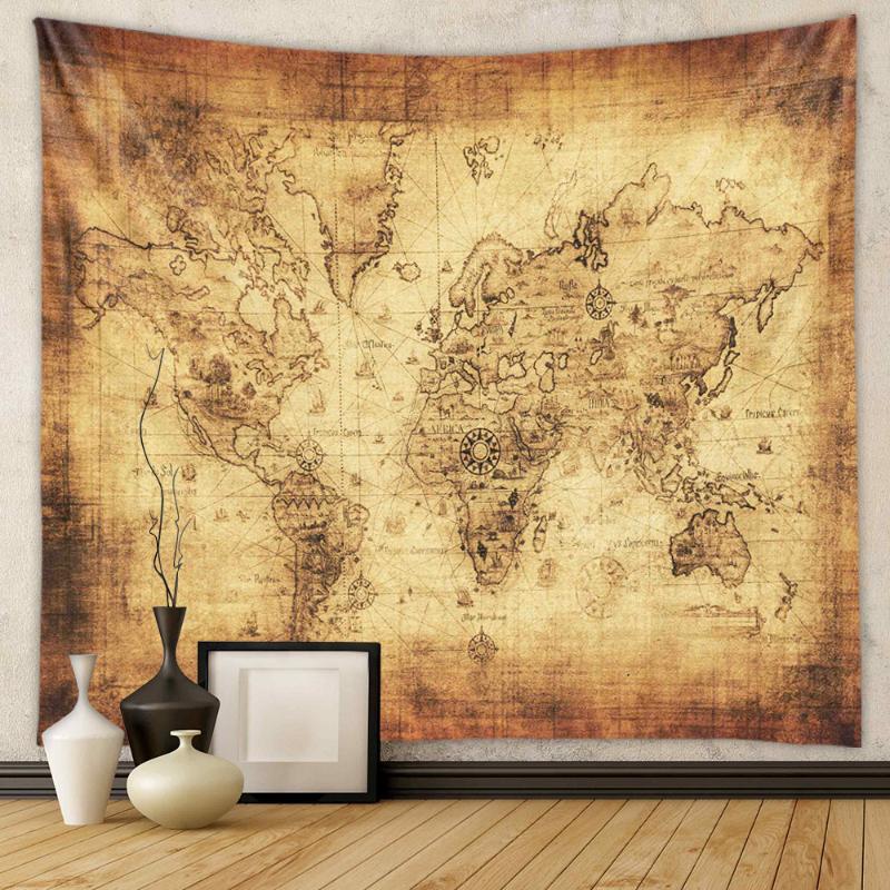 Retro Renaissance World Map Tapestry Polyester Fiber Baroque Art Wall Hanging Living Room Bedroom Home Decoration 100X70CM