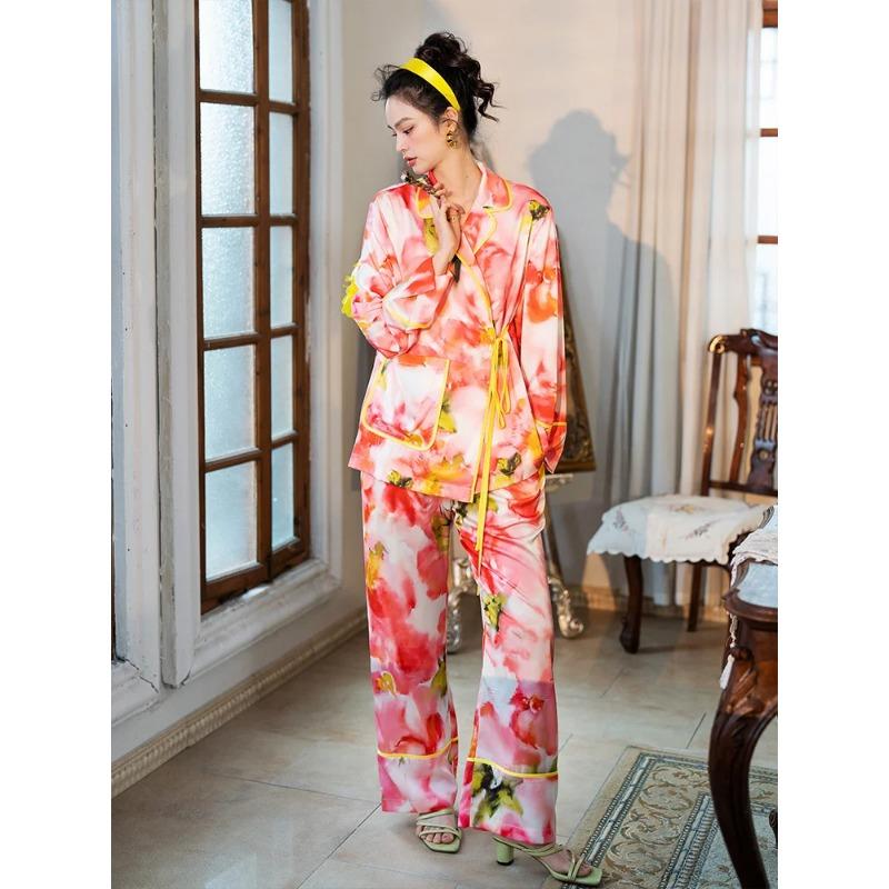 

Garden Pajamas Long-sleeved Trousers Suit Imitation Silk Ice Silk Loose Lazy Green Fruit Collar Home Clothes Chunxin XL
