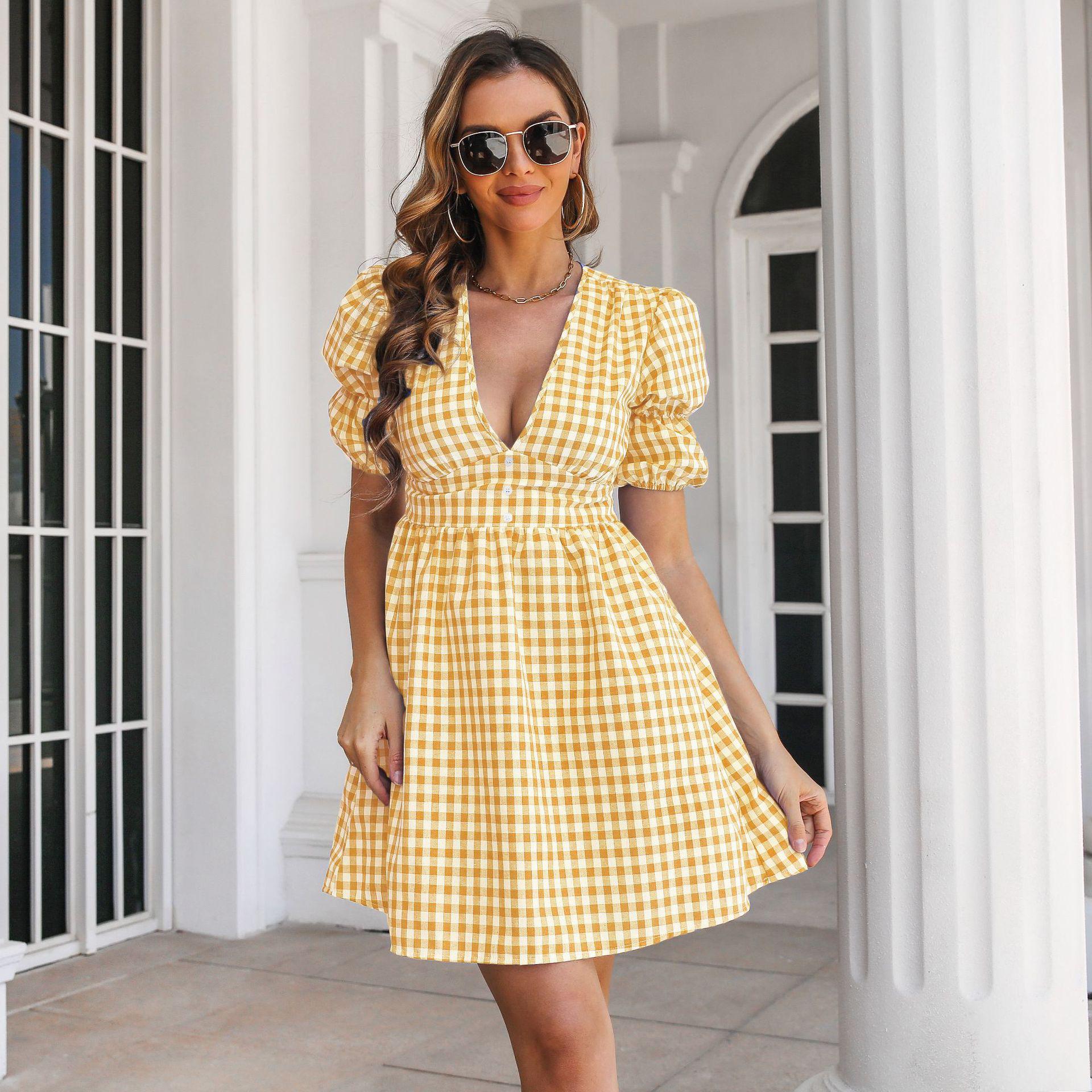 

GMXIA Женская мода лето весна клетчатый принт с коротким рукавом и v-образным вырезом с высокой талией повседневные платья XL