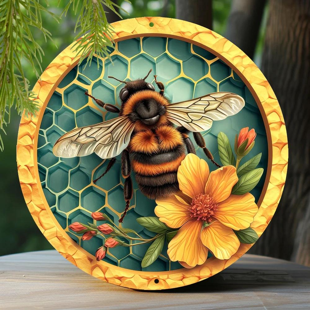 Round Metal Aluminum Sign Bee & Honeycomb Decorative Plates Entrance Decor Gift Mask Theme For Bar Club Home Room Wall Decor
