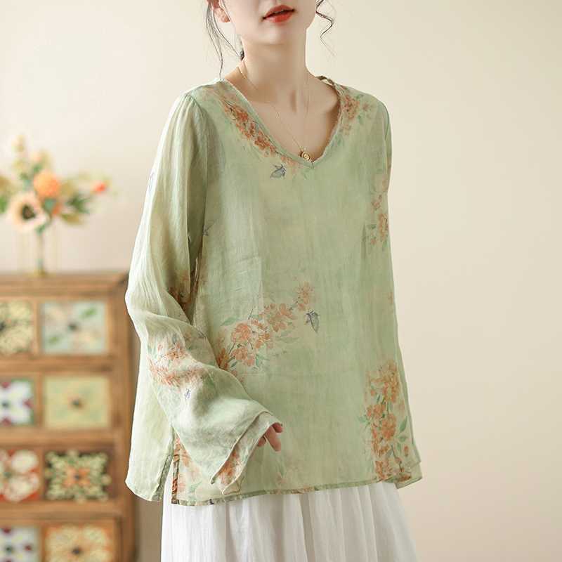 

Топ из хлопка и льна с принтом и V-образным вырезом, женская короткая художественная рубашка, летний костюм для чаепития, рубашка из хлопка и льна Cool Breeze M зелёный