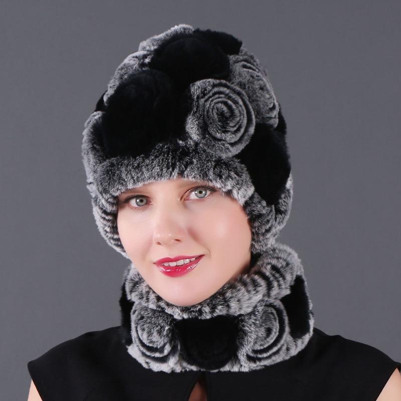 Rex Rabbit Rose Hat and Flower Scarf Set Specializing in the production of Rex Rabbit Scarf Hat Two-piece Adult Hat