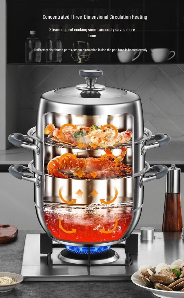 Large Capacity 304 Stainless Steel Steamer Pot with Thickened Multi-Layer Steaming Baskets for Household Use