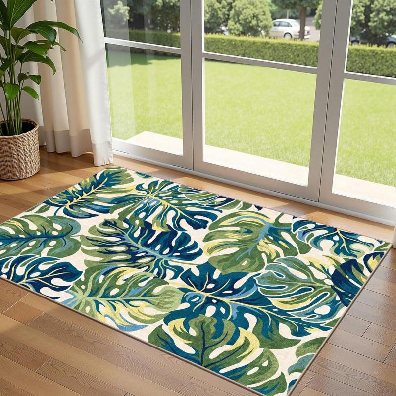 Tropical Green Leaf Welcome Floor Mat - Bohemian Slip-resistant Washable Indoor/Outdoor Entrance Rug for Home Decoration