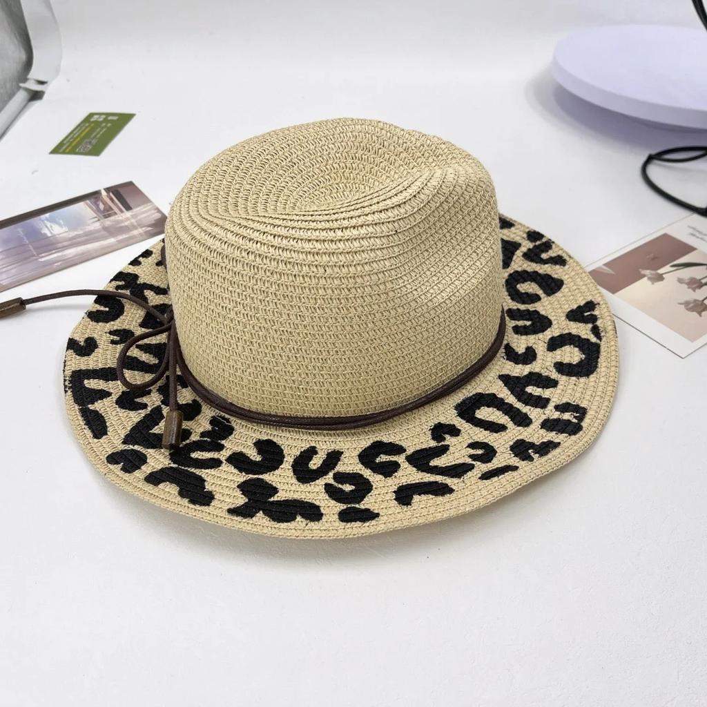 New Leopard Print Straw Sun Hat - Summer Versatile Uv Protection Wide Brim Hat For Women