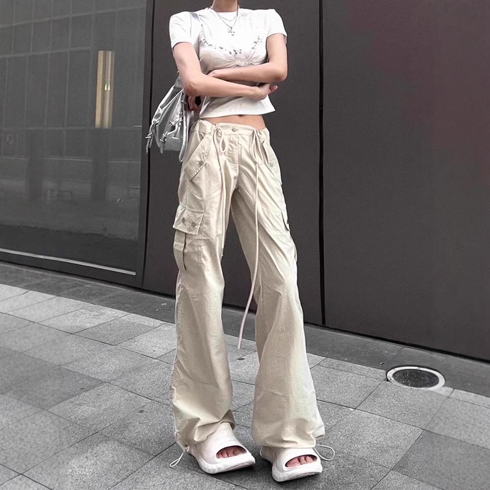 High Waist Women's Straight Leg Parachute Pants with Drawstring - 2025 Casual Niche Design