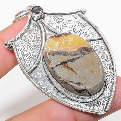 Natural Septerian Stone, Smoky Topaz 925 Sterling Silver Pendant 2.96" h0P66