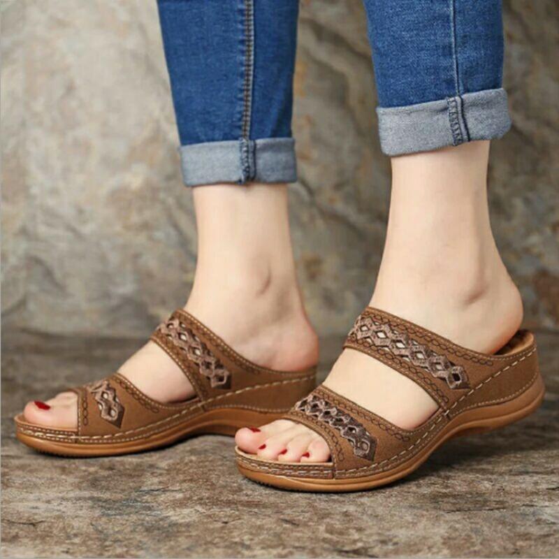 Fashion New Women Summer Solid Color Slip On Casual Open Toe Wedges Soft Bottom Breathable Slippers Shoes Sandals