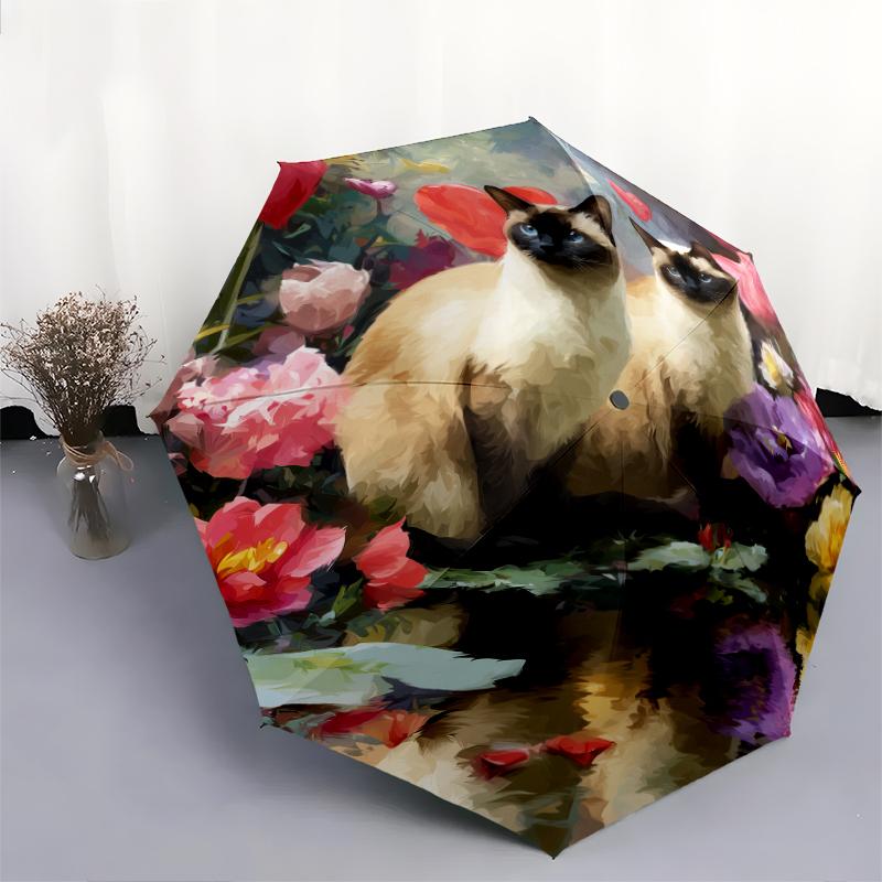 Two Siamese Cats pattern, automatic folding umbrella, portable and foldable design, 8 ribs, a Christmas or birthday gift.