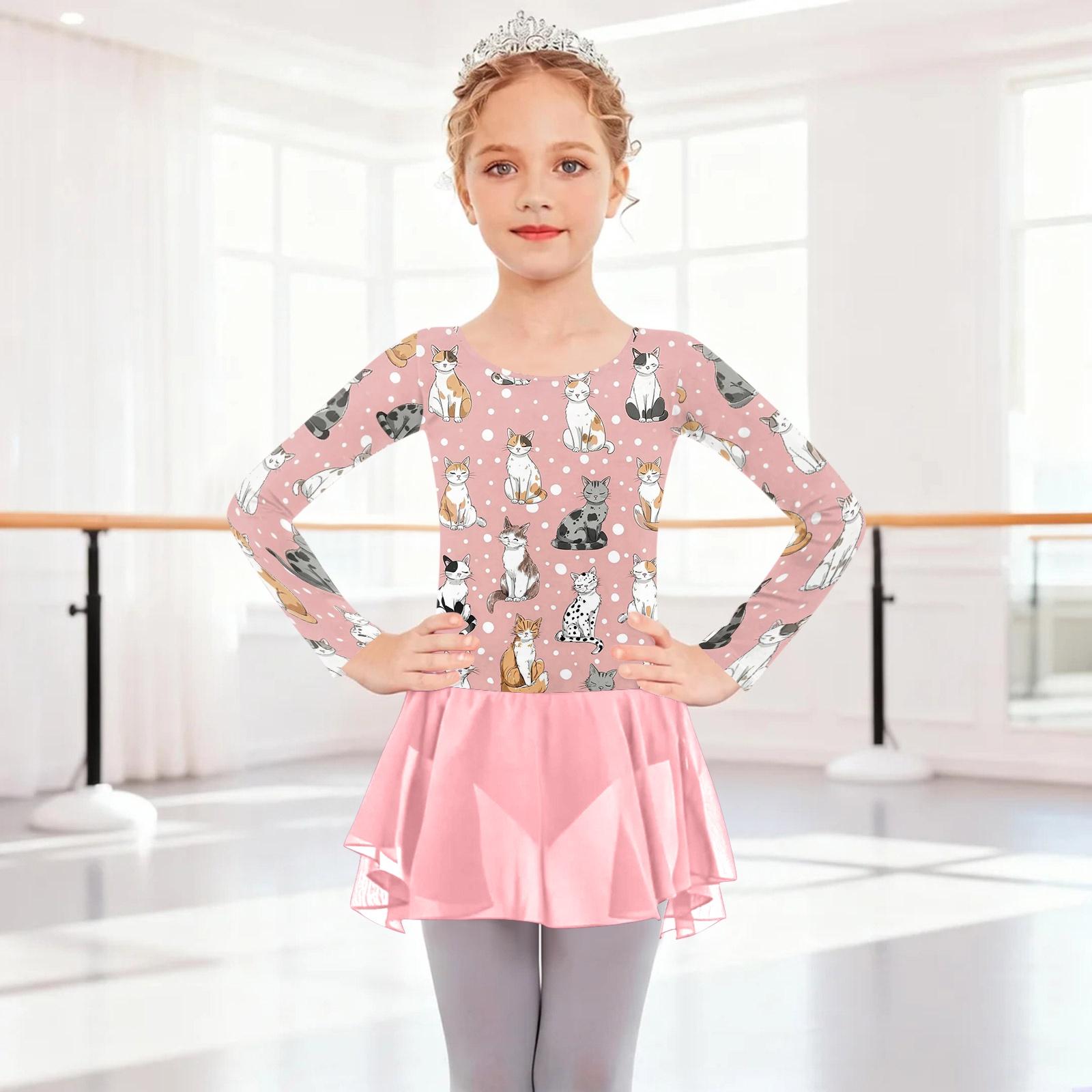 Длинный рукав для девочек, цельное платье, одежда для балетного танца, сетчатая юбка с цветочным принтом и бантом, купальник, трико, пачка, наряд для выступлений и тренировок 120 розовый