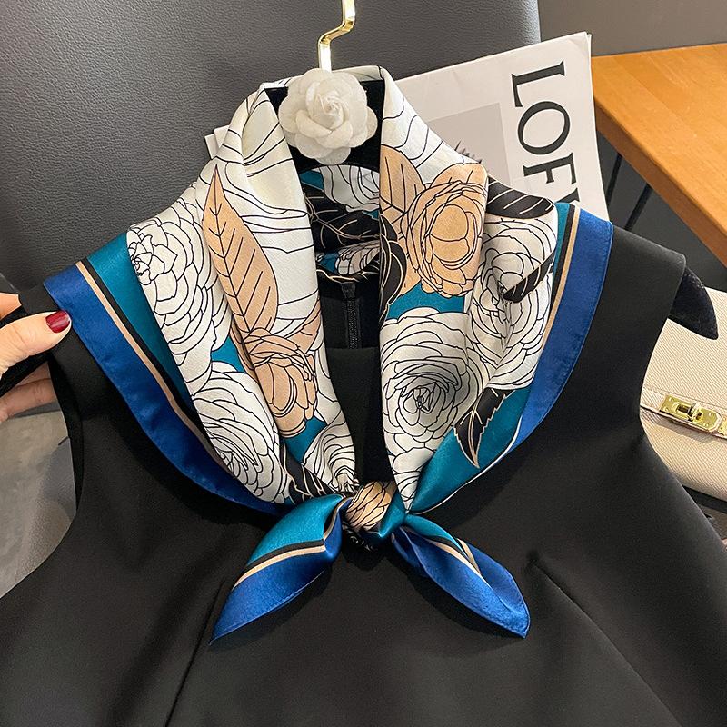 Luxury Design Floral Print 70*70Cm Silk Square Scarfs Women Soft Satin Neckerchief Bag Ribbon Female Foulard Hijab Lady Neck Tie