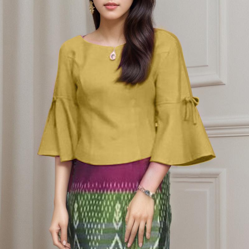 ZANZEA Women Casual Round Neck Solid Color 3/4 Sleeve Blouse