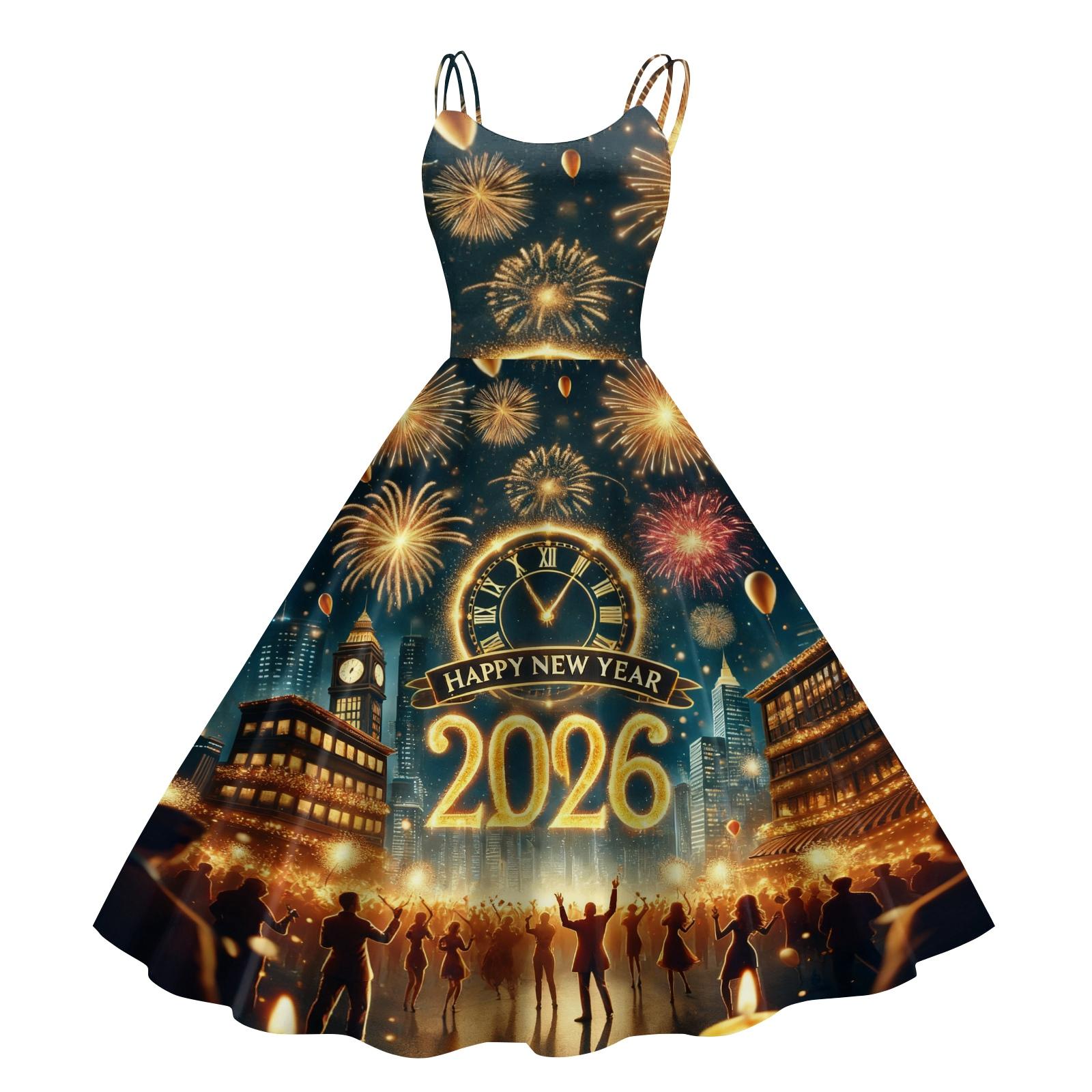 

Женское повседневное модное миди-платье с круглым вырезом и новогодним принтом XL оранжевый