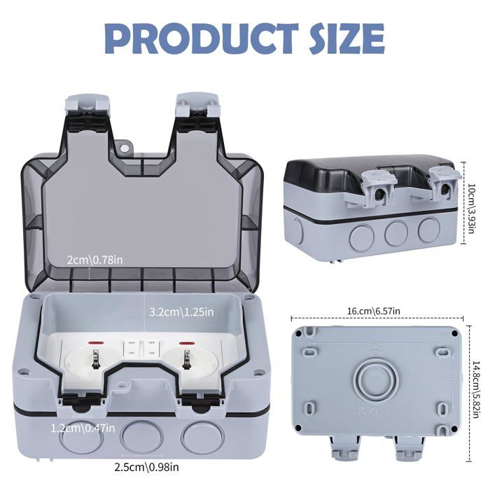 Prise étanche extérieure IP66 2 prises avec couvercle verrouillable et interrupteur - Gris 15×12×6 cm