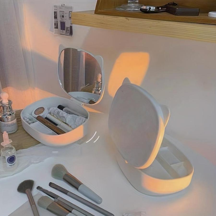 Toaletní zásobníky se zrcátkem, skládací zrcátko na make-up s organizací úložiště, stolní kosmetické zrcátko s úložným pouzdrem