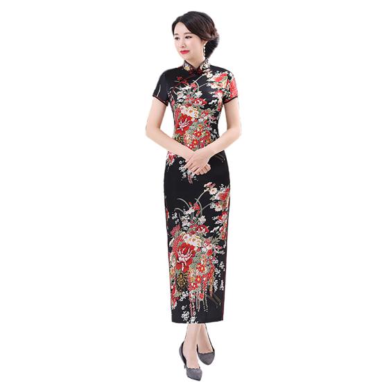 Lady Petticoats Plus Size Women Chinese Short Sleeve Floral Print Brocade Cheongsam Banquet Midi Dress