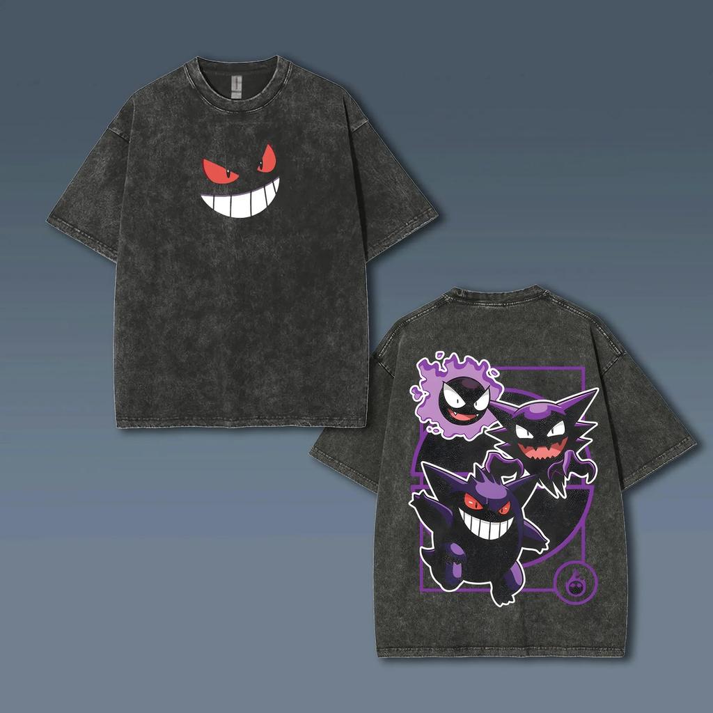 T-shirt Oversize Lavata Stampa Gengar Vintage Lavata a Maniche Corte da Uomo e Donna Moda Estiva 2026 Abbigliamento