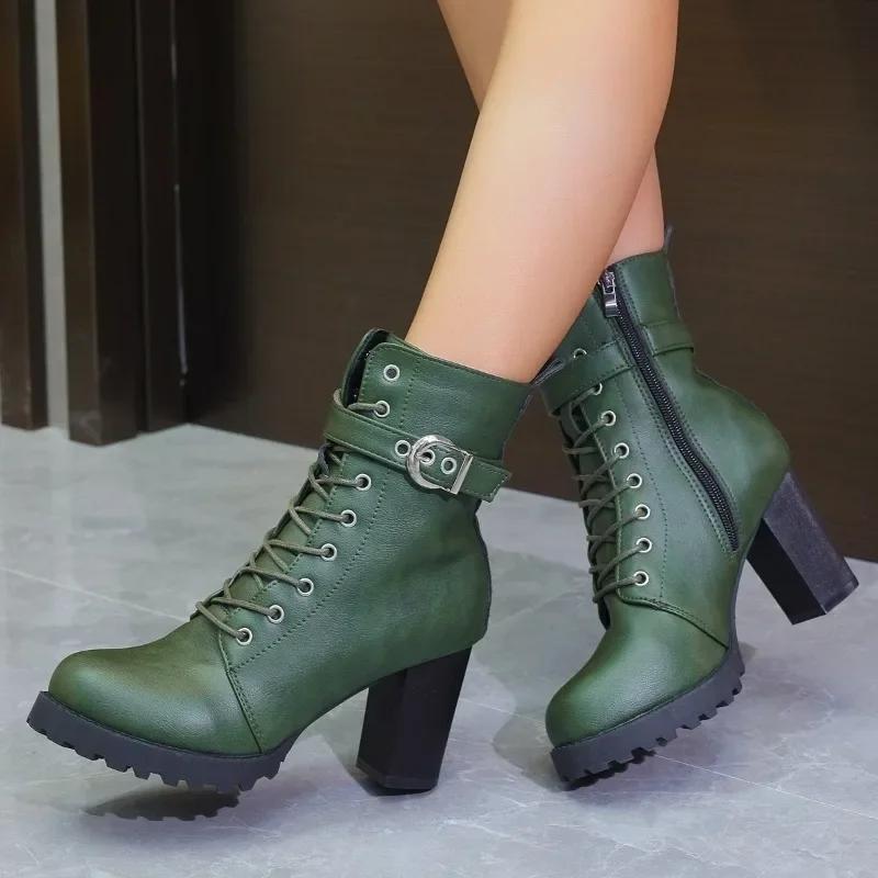 Women'S Ankle Boots Green Large Size Winter  New Horse Biker Chunky Rubber Bottom High Heel Platform Casual Basic Rain Shoes