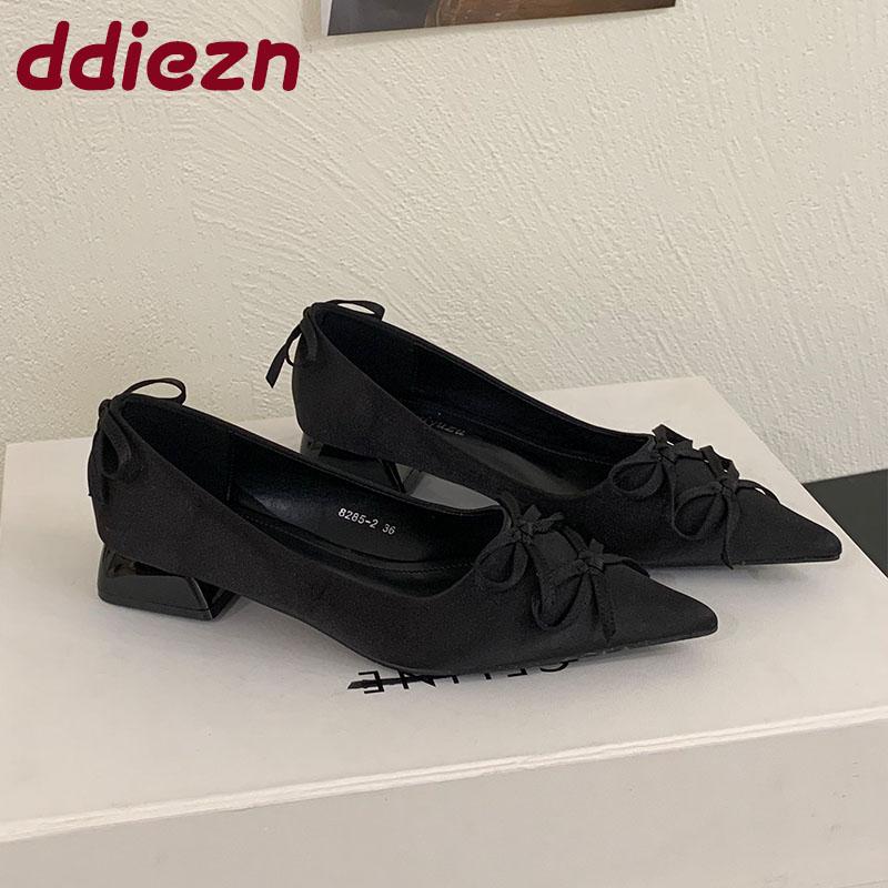 Fashion 2025 New Fashion Silk Shallow Women Low Heel Shoes Butterfly-Knot Female Slip On Footwear Pointed Toe Ladies Heels Pumps Shoes